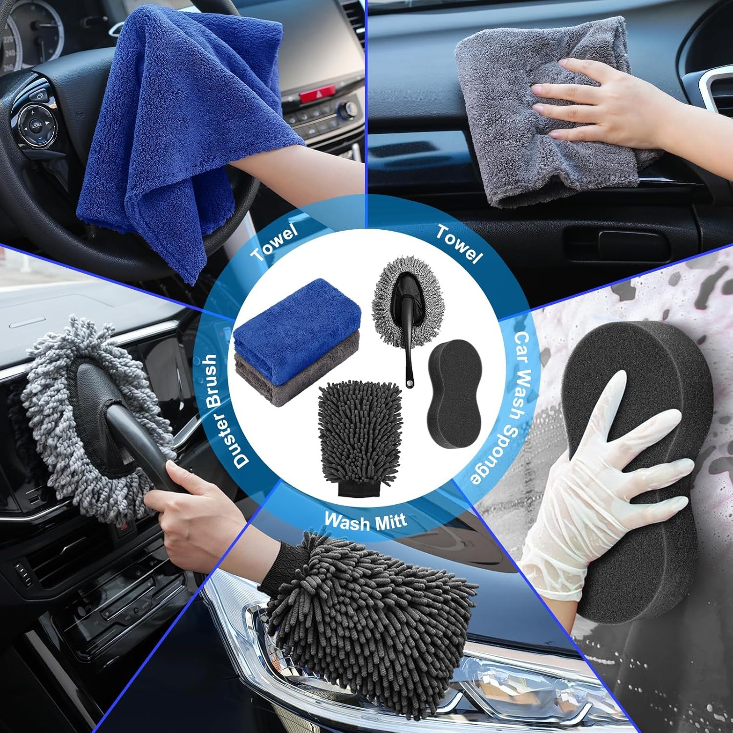 AUTODECO 43Pcs Car Wash Detailing Kit Cleaning Kits with Foam Gun Sprayer Long Handle Mop Car Vacuum Drill Brush Large Wash Mitt Towels Complete Interior Exterior Car Washing Supply Set Blue - Image 8