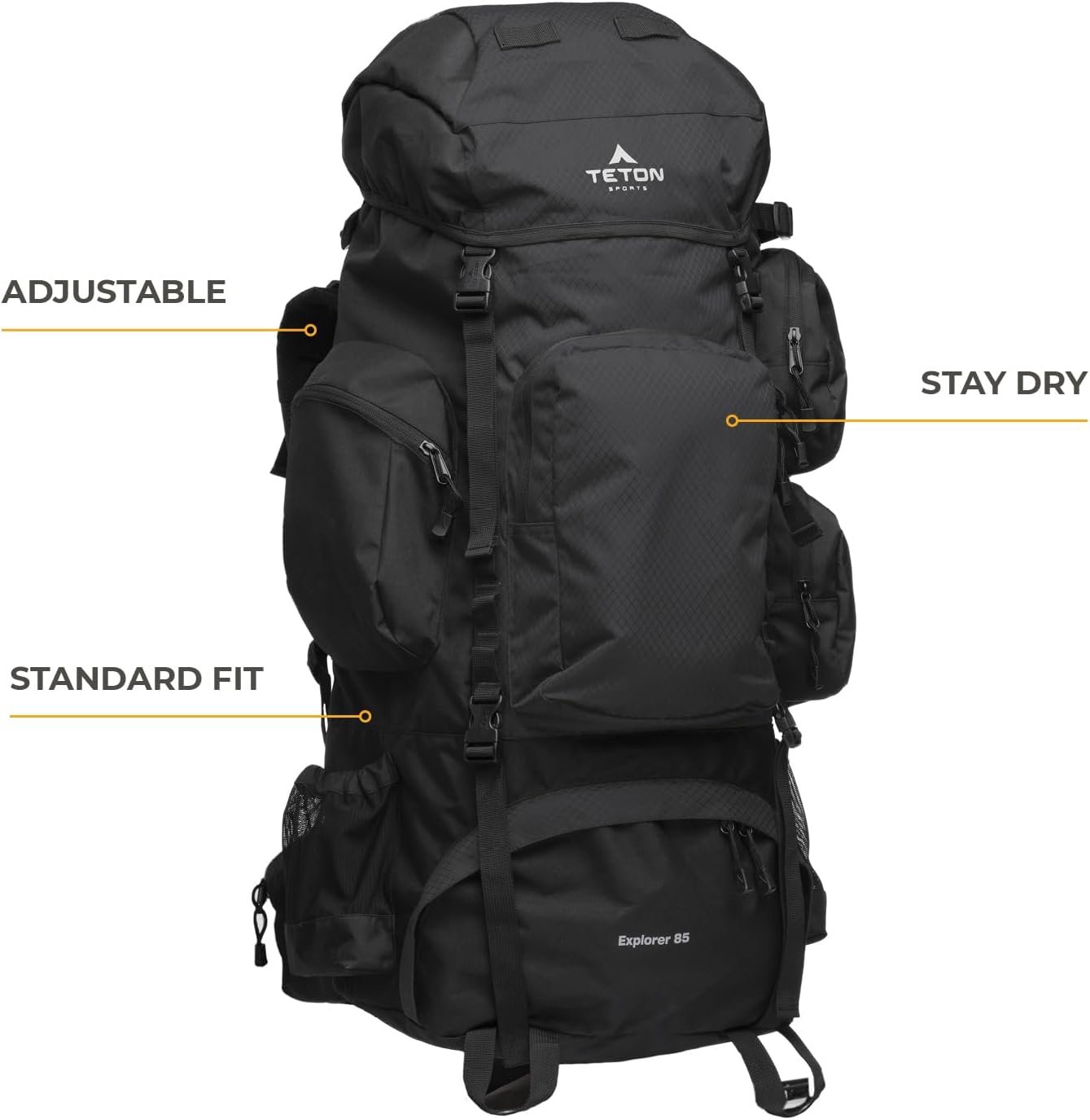 Teton 85L Explorer Internal Frame Backpack for Hiking, Camping, Backpacking, Rain Cover Included, Black - Image 2