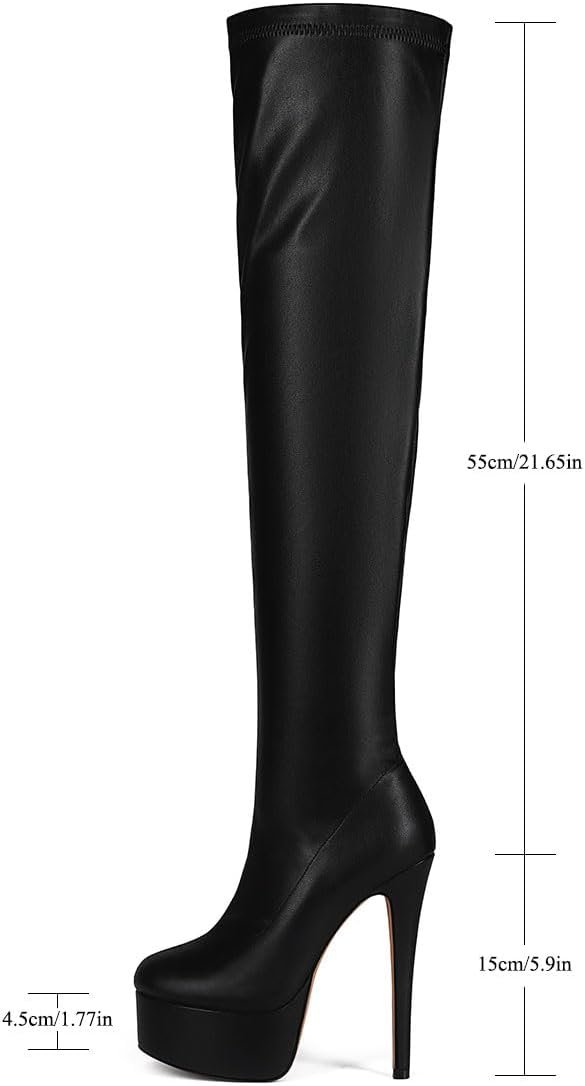 Fashion Women's Over Knee High Stiletto Platform Heel Boots Night Sexy Black Leather Thigh High Boots - Image 5