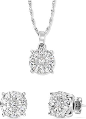 GILDED 1 CTTW Lab-Grown Diamond Round Necklace & Earring Set, Sterling Silver or 14K Gold-Plated, 18″ Chain, Tarnish-Resistant, Elegant & Ethical Jewelry for Women, Gift-Boxed, Perfect for Gifting