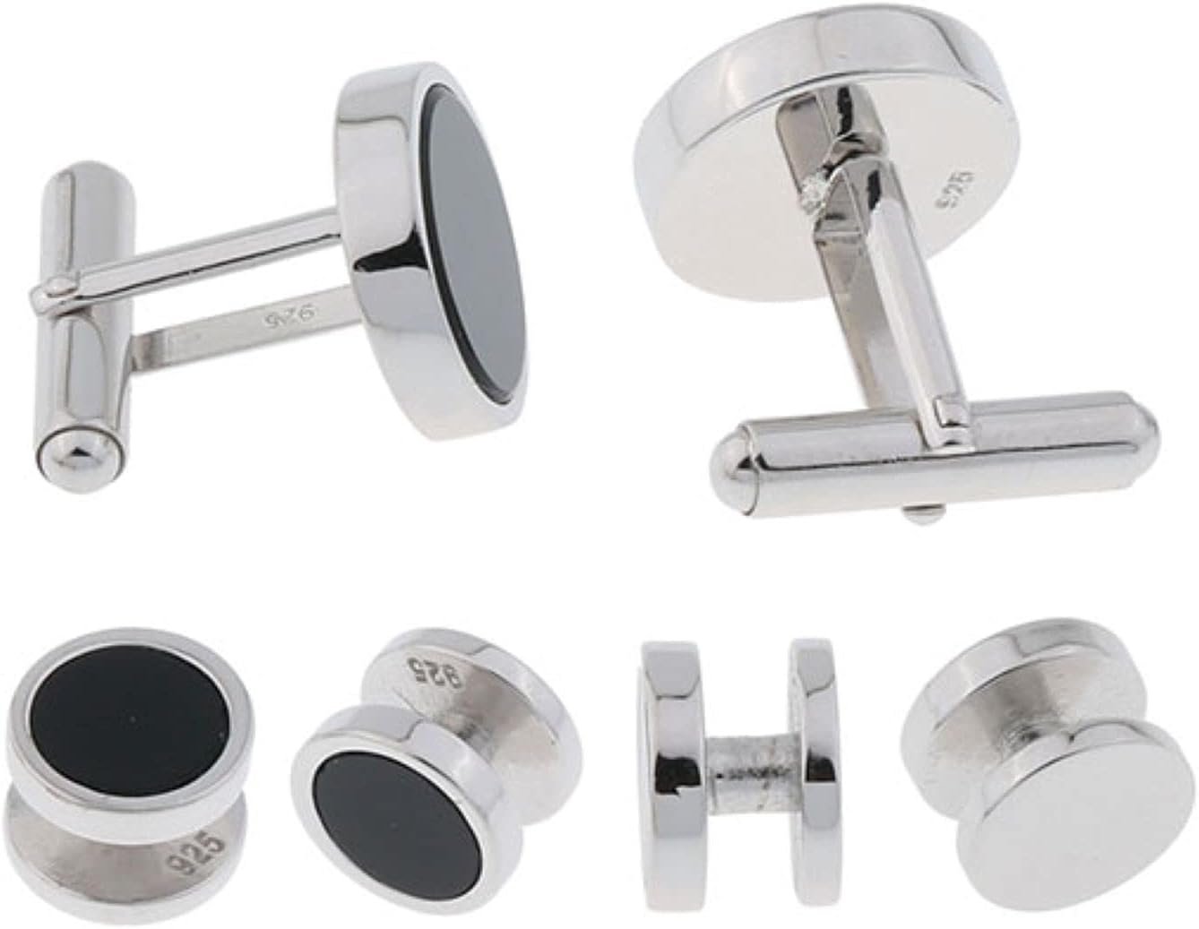 Mens Sterling Silver Black Onyx Cufflinks and Studs Formal Set with Presentation Box - Solid 925 Sterling Silver Wedding Party Tuxedo Shirt Studs - 5/8" cufflinks 3/8" studs Heirloom Luxury Set - Image 3