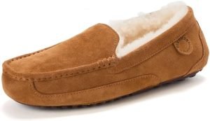 Fireside By Dearfoams Men’s Melbourne Genuine Shearling Moccasin Slippers, Memory Foam Sudede Loafers Slip-in House Shoes