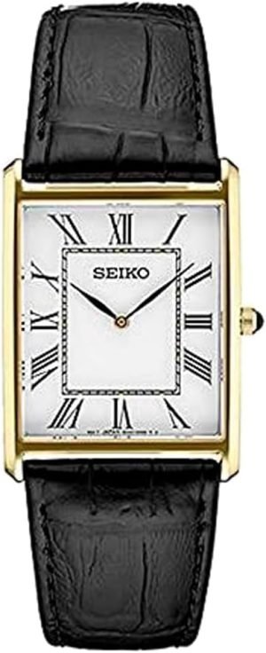 Seiko Essentials Watch for Men – Essentials – Water Resistant with Stainless Steel Rectangular Case and Leather Strap