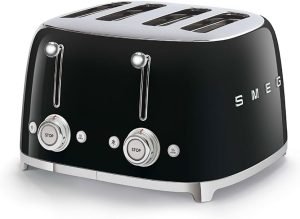 Smeg 50’s Style Retro Aesthetic 4 Slice Toaster 6 Presets Extra Wide Slots Black TSF...