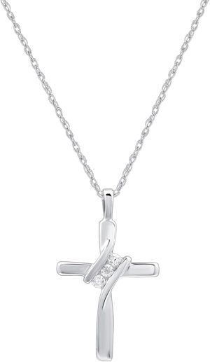 GILDED Small 10K White Gold Natural Round-Cut Diamond Accent (I-J Color, I2-I3 Clarity) 3 Stone Cross Pendant-Necklace,18″