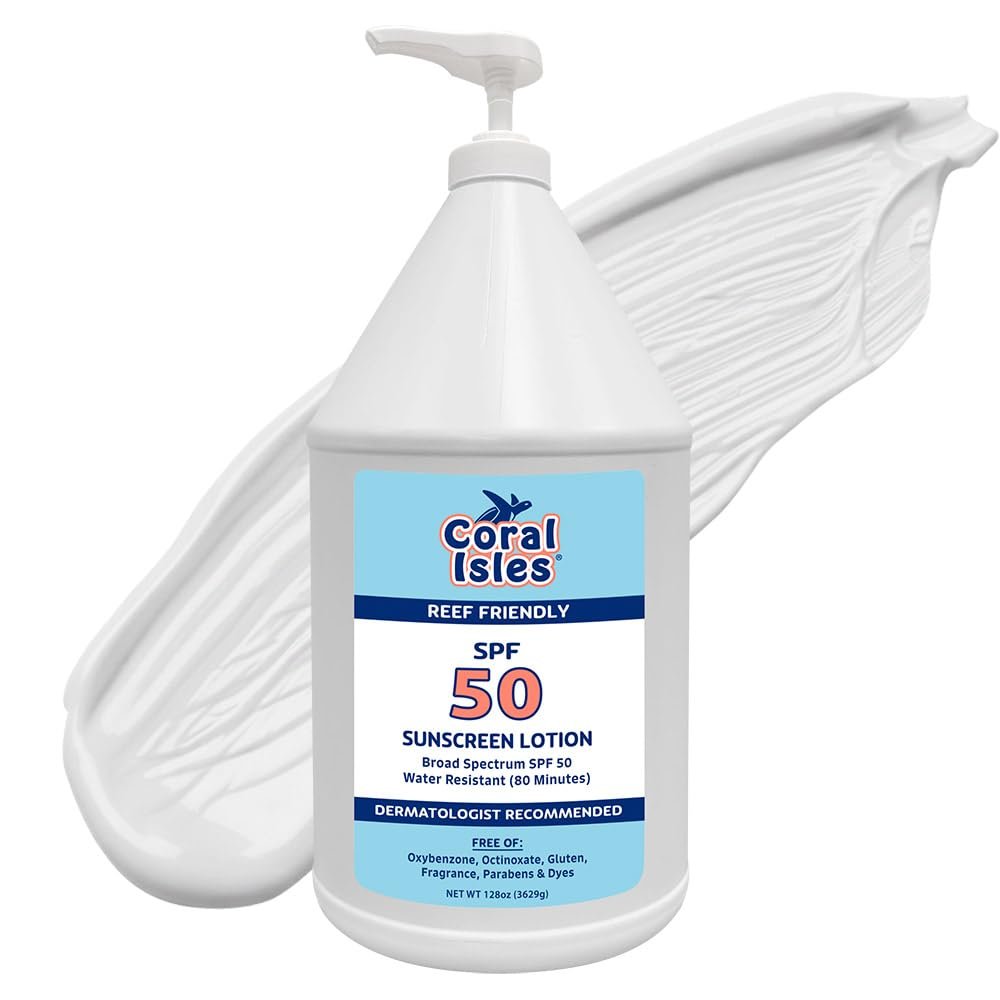 Coral Isles by Rocky Mountain Sunscreen | SPF 50 Lotion | Broad Spectrum UVA/UVB Protection | Hawaii Reef-Safe Act Compliant | Oxybenzone & Octinoxate Free | Water Resistant 80 Min. | 128 Fl Oz