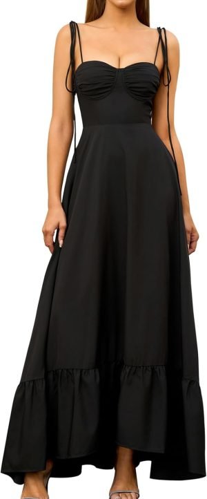 GLNEGE Women’s Summer Spaghetti Strap Maxi Wedding Guest Dress Smocked Ruffle Tea Pa...