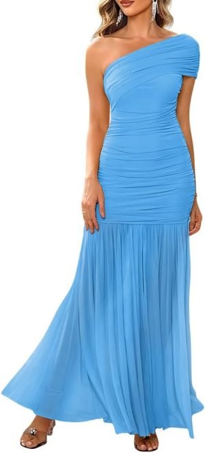 LAGSHIAN Women’s Elegant Formal Long Dress One Shoulder Sleeveless Ruched Bodycon Ev...