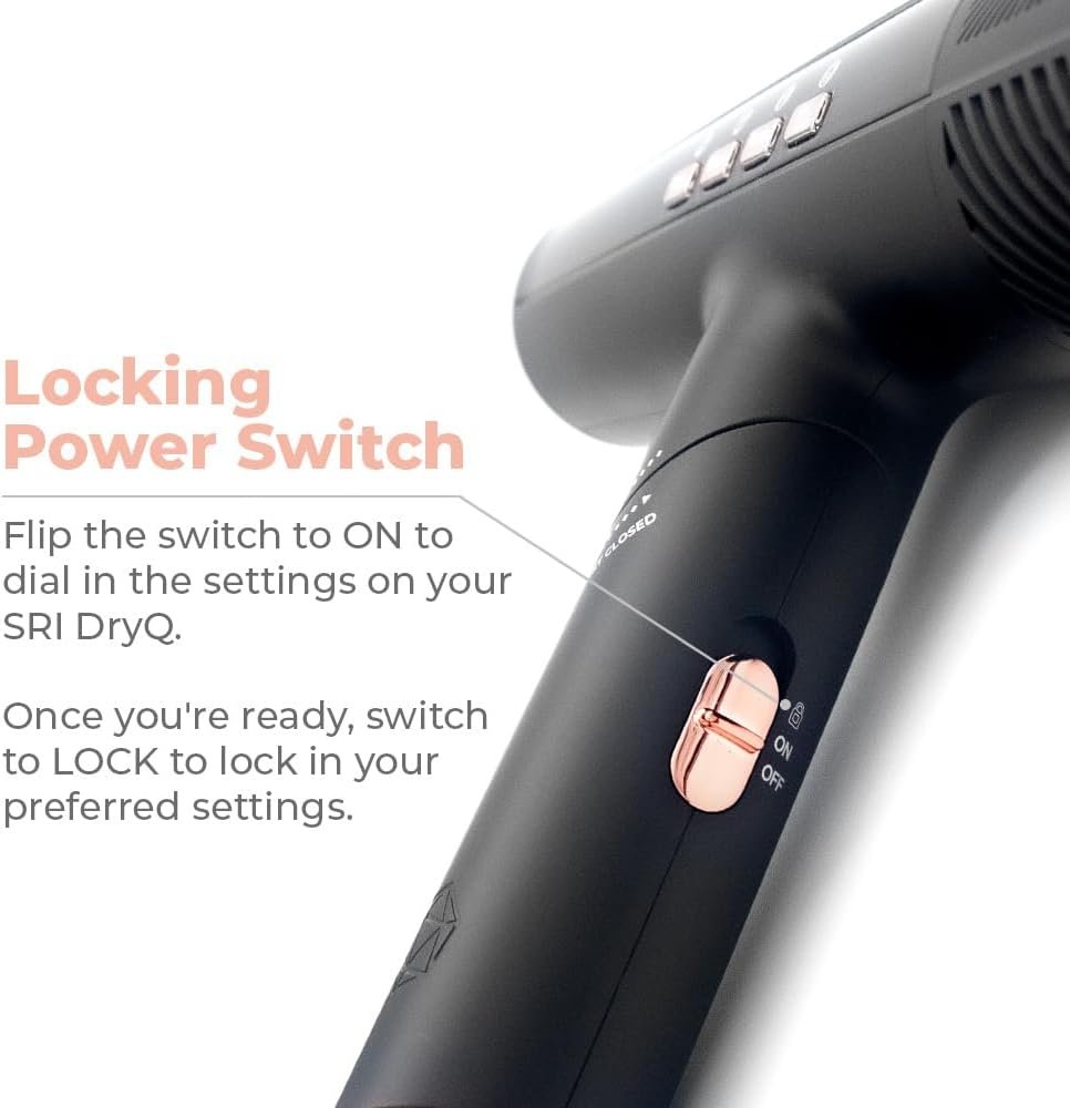 SRILabs DryQ “Smart” Hair Dryer - Super Lightweight, Foldable - Powerful, Quiet Motor - Infrared and Ionic Technology - 3 Magnetic Attachments - Heat Control with Locking Switch - Image 7