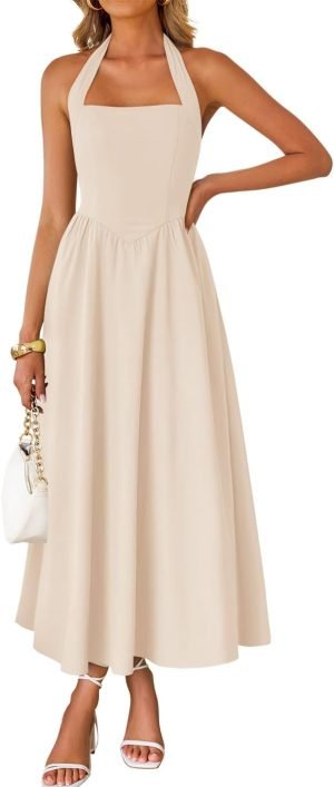Women’s Summer Sleeveless Halter Midi Dress 2025 Off Shoulder High Waist Swing Flowy Beach Long Dresses