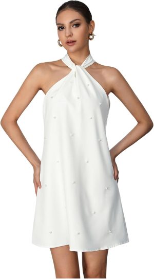 Floerns Women’s Pearl Beaded Halter Twist Sleeveless Tie Back Dress A Line Dress