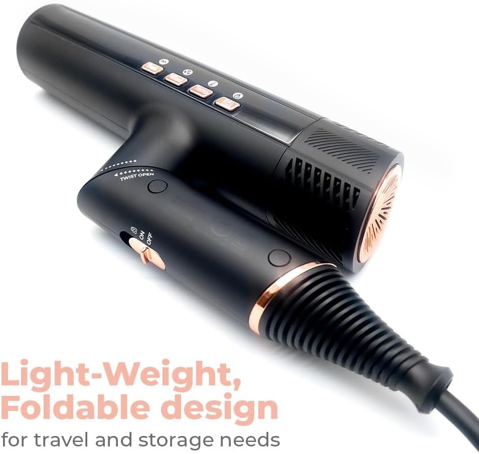 SRILabs DryQ “Smart” Hair Dryer - Super Lightweight, Foldable - Powerful, Quiet Motor - Infrared and Ionic Technology - 3 Magnetic Attachments - Heat Control with Locking Switch - Image 4