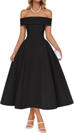 ZESICA Cocktail Dresses for Women’s Elegant Off Shoulder Short Sleeve Swing A Line Wedding Evening Party Midi Dress