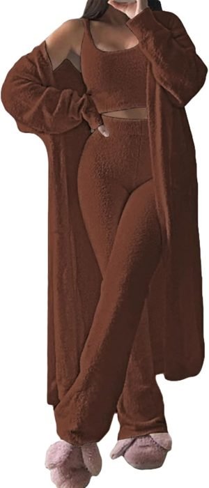 Fixmatti Women’s Fuzzy 3 Piece Sweatsuit Open Front Cardigan Crop Tank Tops Wide Leg...