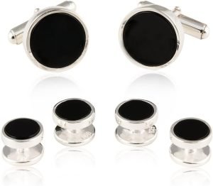 Mens Sterling Silver Black Onyx Cufflinks and Studs Formal Set with Presentation Box – Solid 925 Sterling Silver Wedding Party Tuxedo Shirt Studs – 5/8″ cufflinks 3/8″ studs Heirloom Luxury Set