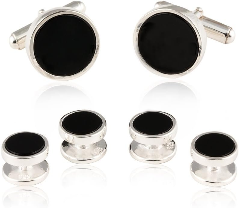 Mens Sterling Silver Black Onyx Cufflinks and Studs Formal Set with Presentation Box - Solid 925 Sterling Silver Wedding Party Tuxedo Shirt Studs - 5/8" cufflinks 3/8" studs Heirloom Luxury Set
