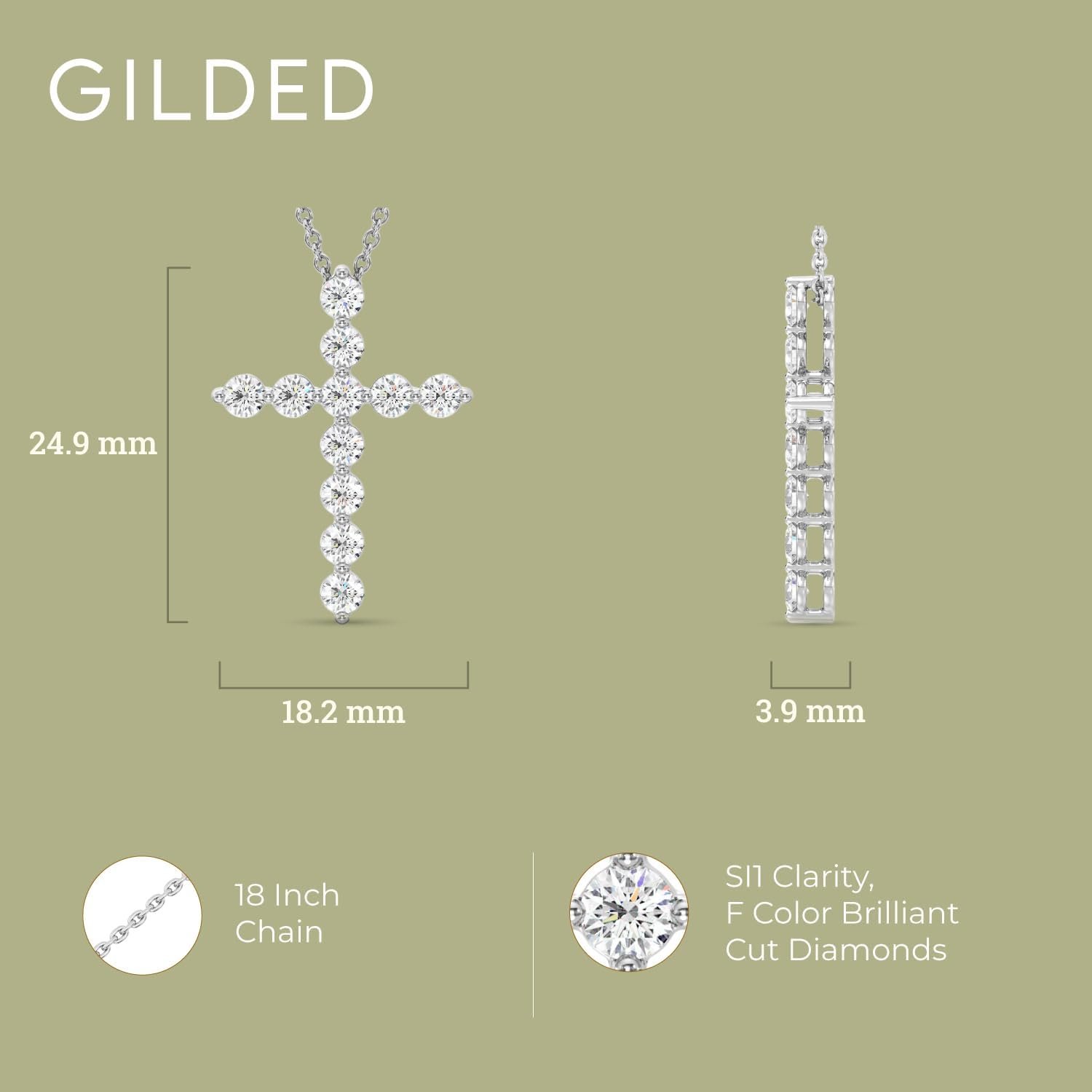 GILDED 1 ct. T.W. Lab Grown Diamond (SI1 Clarity, F Color) and Sterling Silver & 14KT Gold Plated Silver Cross Pendant with an 18 Inch Spring Ring Clasp Cable Chain - Image 4