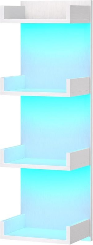 HOOBRO Floating Wall Shelves with LED Lights, Floating Shelf Wall Mounted for Storage, Vertical Display Stand, Modern Column Rack, for Bedroom, Livingroom, 4-Tier, 35.8 Inches, White, WT41DBJ01
