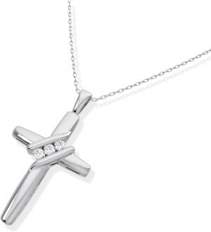 10k Diamond Three-Stone Cross Pendant Necklace Religious Jewelry (0.05cttw, I-J/I2-I3) 18″