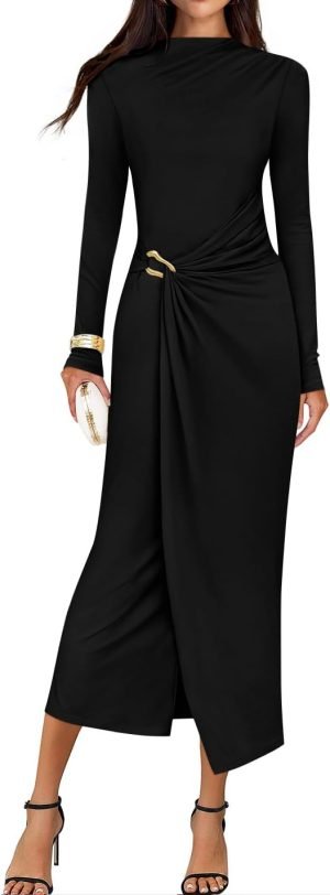 ZESICA Women’s 2025 Fall Long Sleeve Bodycon Dress Mock Neck Wedding Guest Cocktail Party Long Midi Dresses