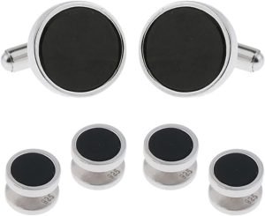 Mens Sterling Silver Black Onyx Cufflinks and Studs Formal Set with Presentation Box – Solid 925 Sterling Silver Wedding Party Tuxedo Shirt Studs – 5/8″ cufflinks 3/8″ studs Heirloom Luxury Set