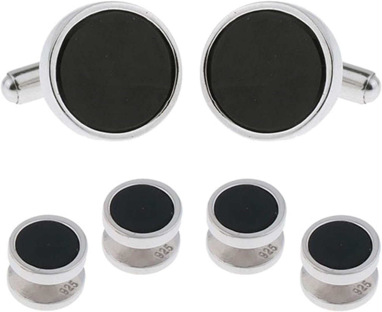 Mens Sterling Silver Black Onyx Cufflinks and Studs Formal Set with Presentation Box - Solid 925 Sterling Silver Wedding Party Tuxedo Shirt Studs - 5/8" cufflinks 3/8" studs Heirloom Luxury Set - Image 2