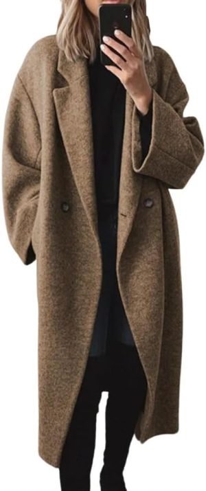 chouyatou Women’s Winter Double Breasted Wool Coat Long Sleeve Notch Lapel Long Tren...