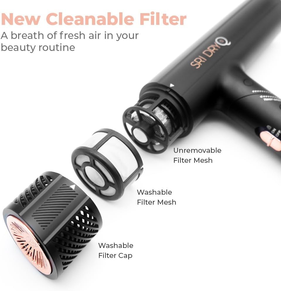SRILabs DryQ “Smart” Hair Dryer - Super Lightweight, Foldable - Powerful, Quiet Motor - Infrared and Ionic Technology - 3 Magnetic Attachments - Heat Control with Locking Switch - Image 3