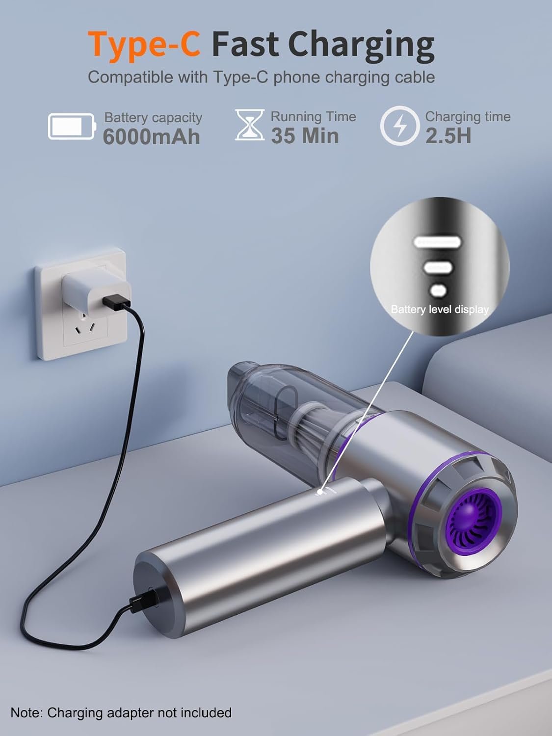 Vacuum/Air Duster 80,000RPM Super Power Mini Car Vacuum Cleaner 4-in-1 air Blower Gun Air Duster & Air Blower & Pump Hand Electric air Duster Handheld dust Blower Blower Cordless (Purple) - Image 7