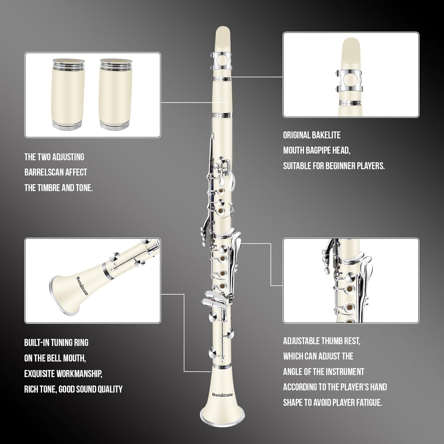 Soulmate Clarinet for Beginner Student Adults 17 Nickel-plated Keys Bb Flat with 2 Barrels 10 Reeds Hard Case and Clarinet Cleaning Kit, Woodwind Band & Orchestra Musical Instruments, White - Image 2