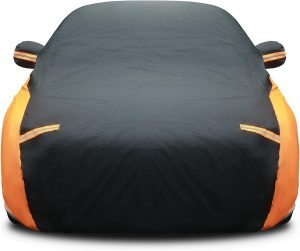 Riakrum Full Car Cover Waterproof Most Weather for Automobiles, Outdoor Full Cover Rain UV Protection Sun, Scratch Resistant Windproof (Fit Sedan Length (185-193”) 70” H,Black, Orange)