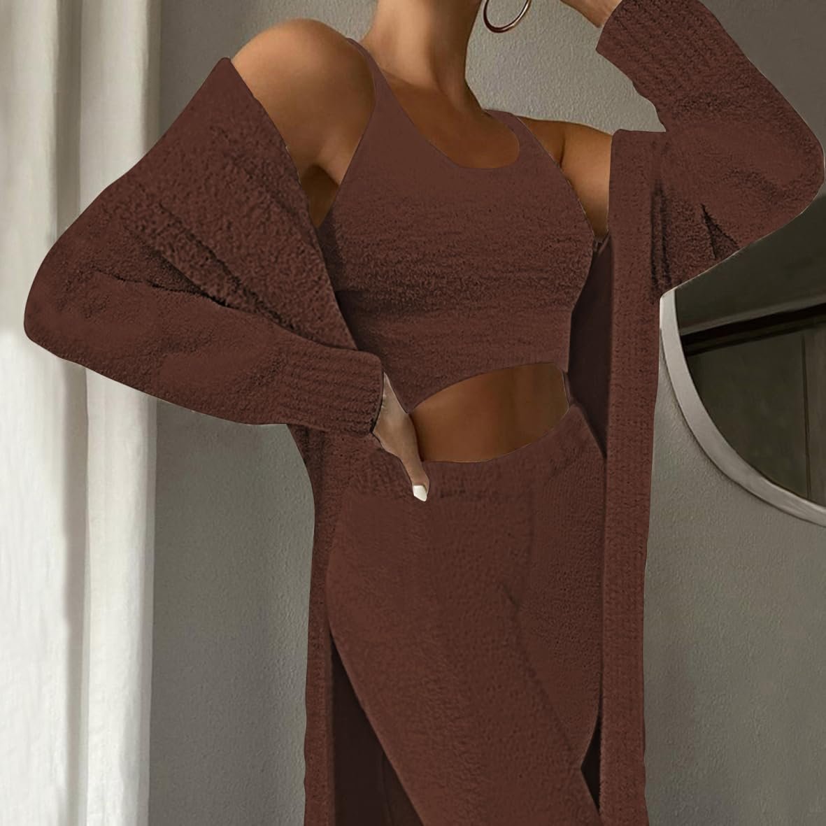 Fixmatti Women's Fuzzy 3 Piece Sweatsuit Open Front Cardigan Crop Tank Tops Wide Legs Pants Lounge Sets - Image 5
