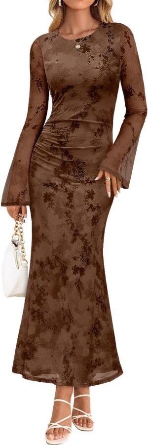 ZESICA Women’s Long Sleeve Floral Bodycon Dress 2025 Fall Fashion Ruched Mesh Wedding Guest Cocktail Party Maxi Dresses