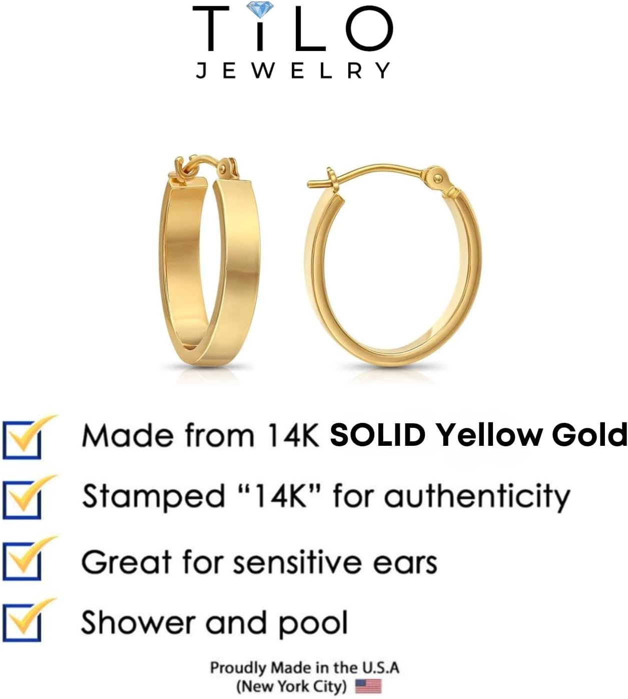 14k Gold Small Oval Flat Hoop Earrings - Image 4