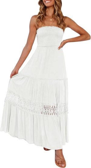 ZESICA Women’s 2025 Summer Bohemian Strapless Off Shoulder Lace Trim Backless Flowy A Line Beach Long Maxi Dress