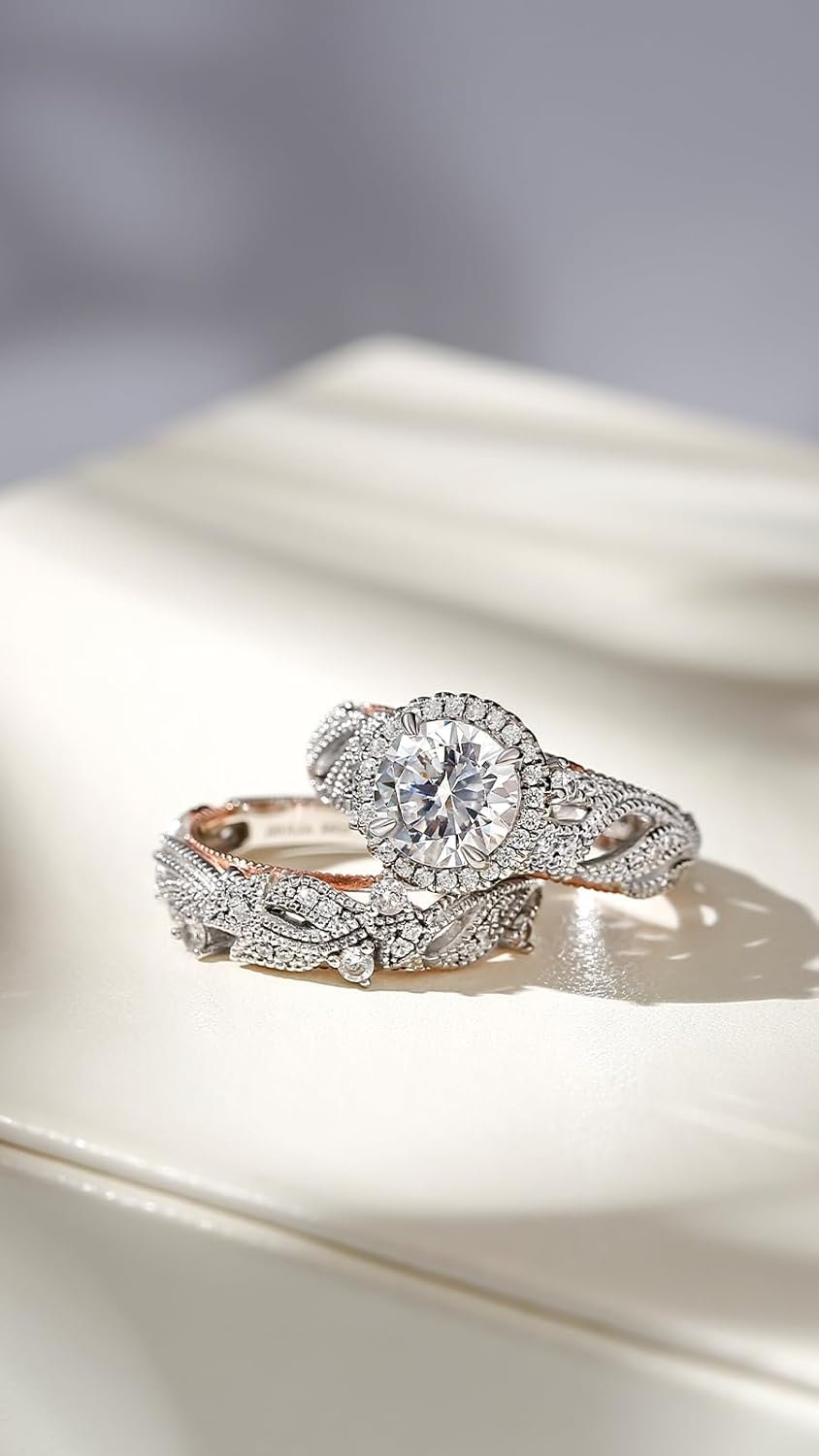 Jeulia 4 Carat Openwork Ring Sets for Women 925 Sterling Silver Wedding Sets Rose Gold Round Cut Halo Engagement Ring White Diamond band CZ Solitaire Anniversary Promise Rings - Image 3