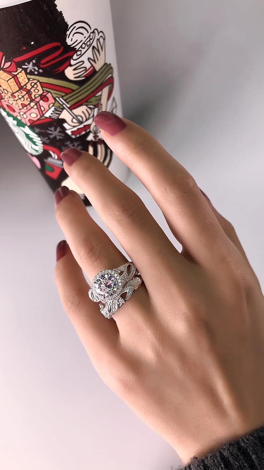 Jeulia 4 Carat Openwork Ring Sets for Women 925 Sterling Silver Wedding Sets Rose Gold Round Cut Halo Engagement Ring White Diamond band CZ Solitaire Anniversary Promise Rings - Image 2