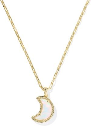 Kendra Scott Moon Short Pendant Necklace, 14K Gold-Plated Brass, Fashion Jewelry for Women, White Opalescent Resin