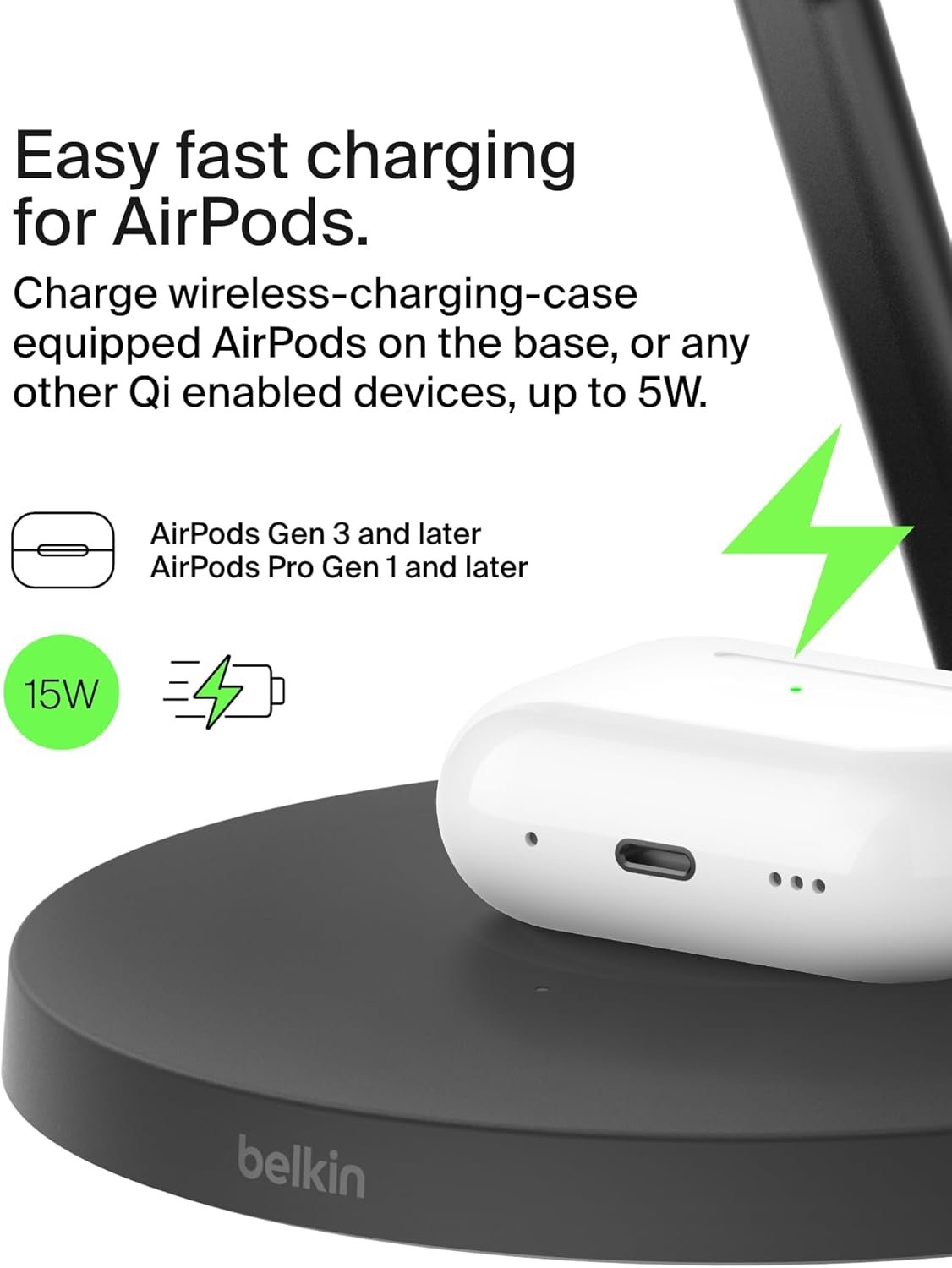 Belkin MagSafe-Compatible Charger, 3-in-1 Wireless Charging Station, Qi2-Certified 15W Wireless Charge for Apple iPhone 17 Series, Apple Watch, AirPods w/Non-Slip Base, 40W Included - Black - Image 5