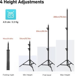 Photography Light Stand, 110″/9.2ft/280cm Portable Reverse Folding Tripod with Travel Bag Aluminum Heavy Duty for Camera,Video,Softboxes,Umbrell,Wedding Outdoor Video Shooting （2 Pack）
