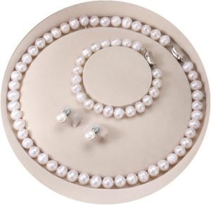 Freshwater Pearl Necklaces Set for Women Includes White Silver Pearl Bracelet and Pearl Diamond Stud Earrings Jewelry Set for Women Men Mother Wife Girlfriend Birthday Wedding Christmas Gifts