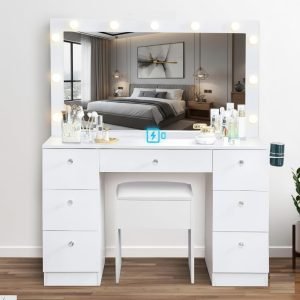 Natural Beauty Luxury Makeup Desk with Mirror, 11 Lights, Adjustable Brightness & 3 Lighting Modes, 7 Soft-Close Drawers, Crystal Knobs, USB & Power Outlets, Makeup Station (Stool Included)