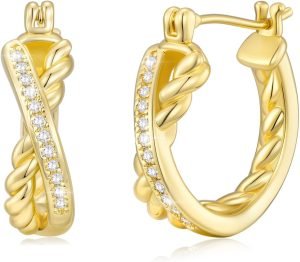 14K Gold Hoop Earrings 14K Gold Earrings for Women Thick Small Diamond Hoop Earring X-shaped Hoops Twisted Gold Earring for Women 20mm