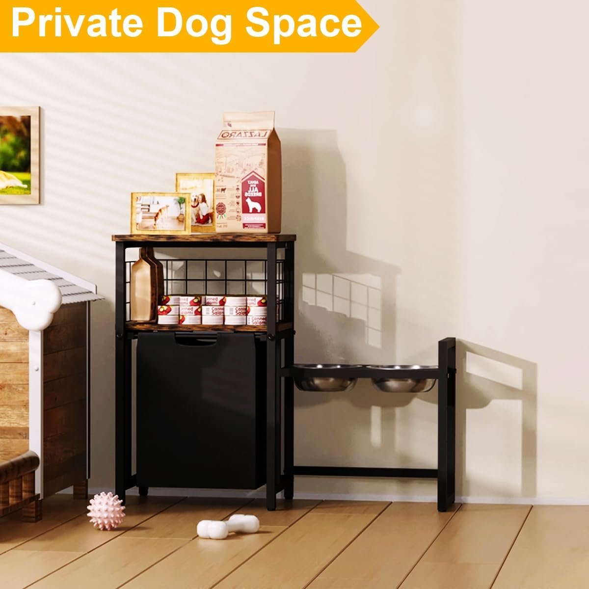 30.6Long x 26.2 High Elevated Dog Bowl Stand with Pet Food Storage Organizer, Adjustable Raised Feeding Station with Toy Basket for Large Medium Small Dogs and Cats, Black - Image 8