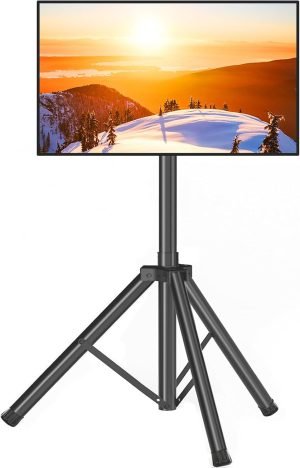 Tripod TV Stand for 23-75 inch Flat Screen/Curved TVs up to 100 lbs, Outdoor TV Stand with ±15° Tilt, Height Adjustable Portable TV Stands with Safety Design, Max VESA 600x400m, Black