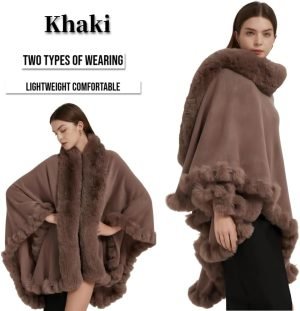 Faux Fox Fur Trim Cardigan Cloak Shawl Wraps Winter Poncho Oversized Cape