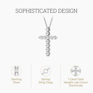 GILDED 1 ct. T.W. Lab Grown Diamond (SI1 Clarity, F Color) and Sterling Silver & 14KT Gold Plated Silver Cross Pendant with an 18 Inch Spring Ring Clasp Cable Chain