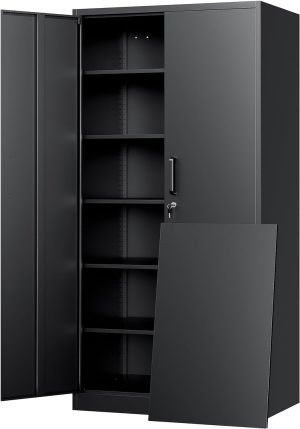 Yizosh Metal Storage Cabinet with Lock – 72″ Garage Storage Cabinet with 2 Locking Doors and 5 Adjustable Shelves, Black Steel Lockable for Office,Home,Garage