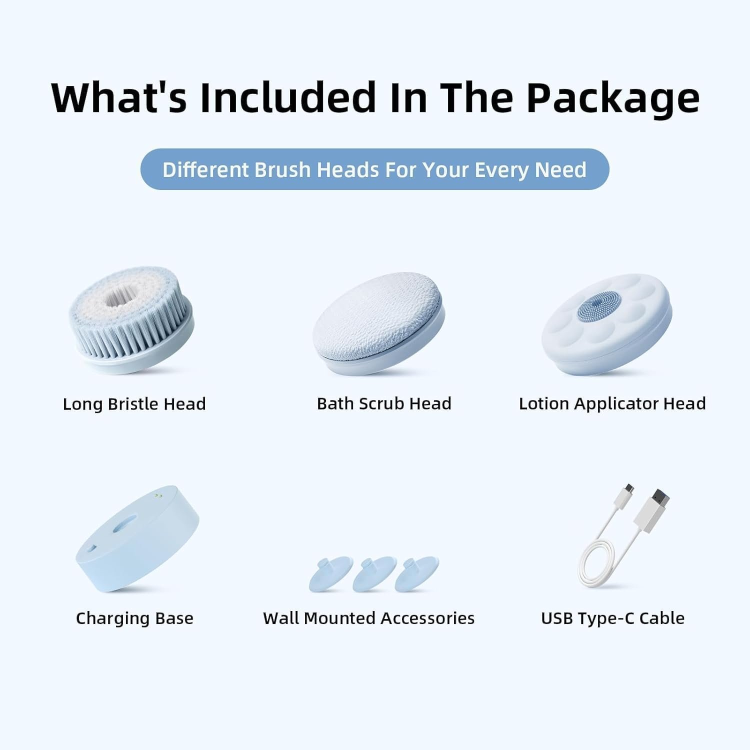 Electric Body Brush Back Scrubber for Shower, Waterproof Long Dual Handle Power Body Scrubber with 3 Heads, Rechargeable Bath Brush & 2 Speeds, for Cleansing, Exfoliating and Massaging Skin - Image 6