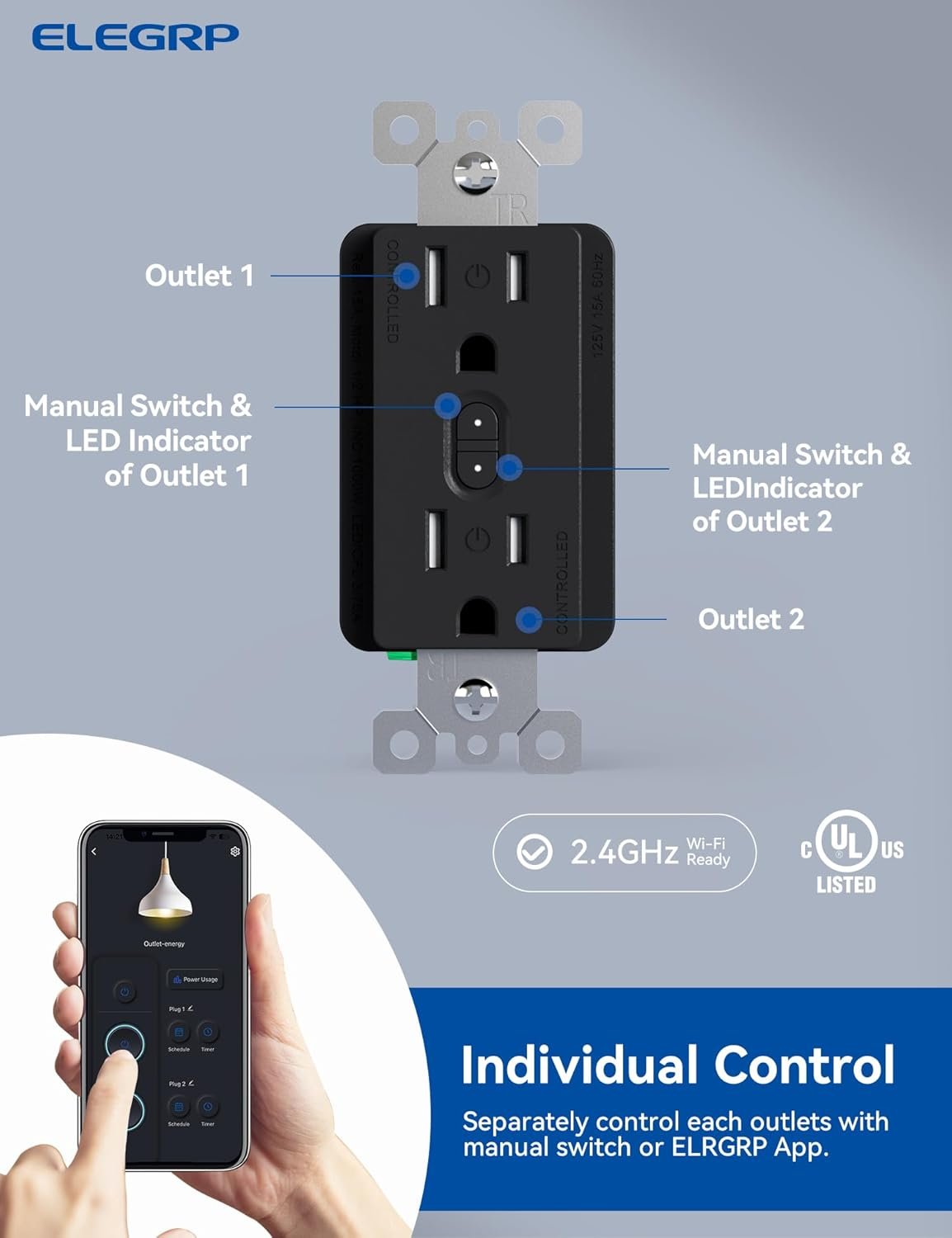 ELEGRP Smart in-Wall Outlet, 2.4GHz Wi-Fi Smart Receptacle Compatible with Alexa and Google Assistant, Tamper Resistant, 2 Individually Controlled Outlets, No Hub Required, UL Listed, Black, 6 Pack - Image 2
